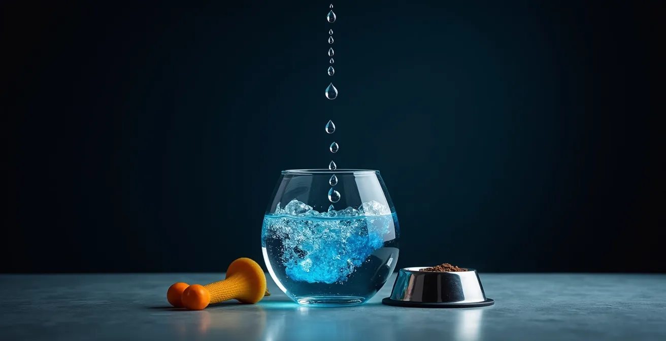 A symbolic photo showing a glass vessel, representing a pet's stress bucket, filling up with drops of water from various sources of stress.