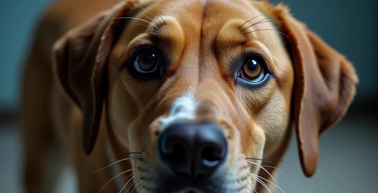 Close-up of dog showing stress signals in shelter environment