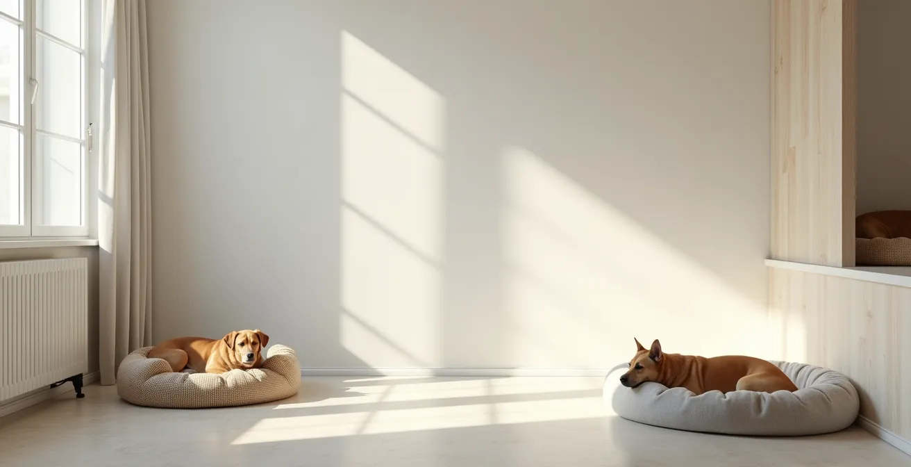 Wide shot of a modern living room showing different temperature zones with dog beds strategically placed in sunny and cool areas.