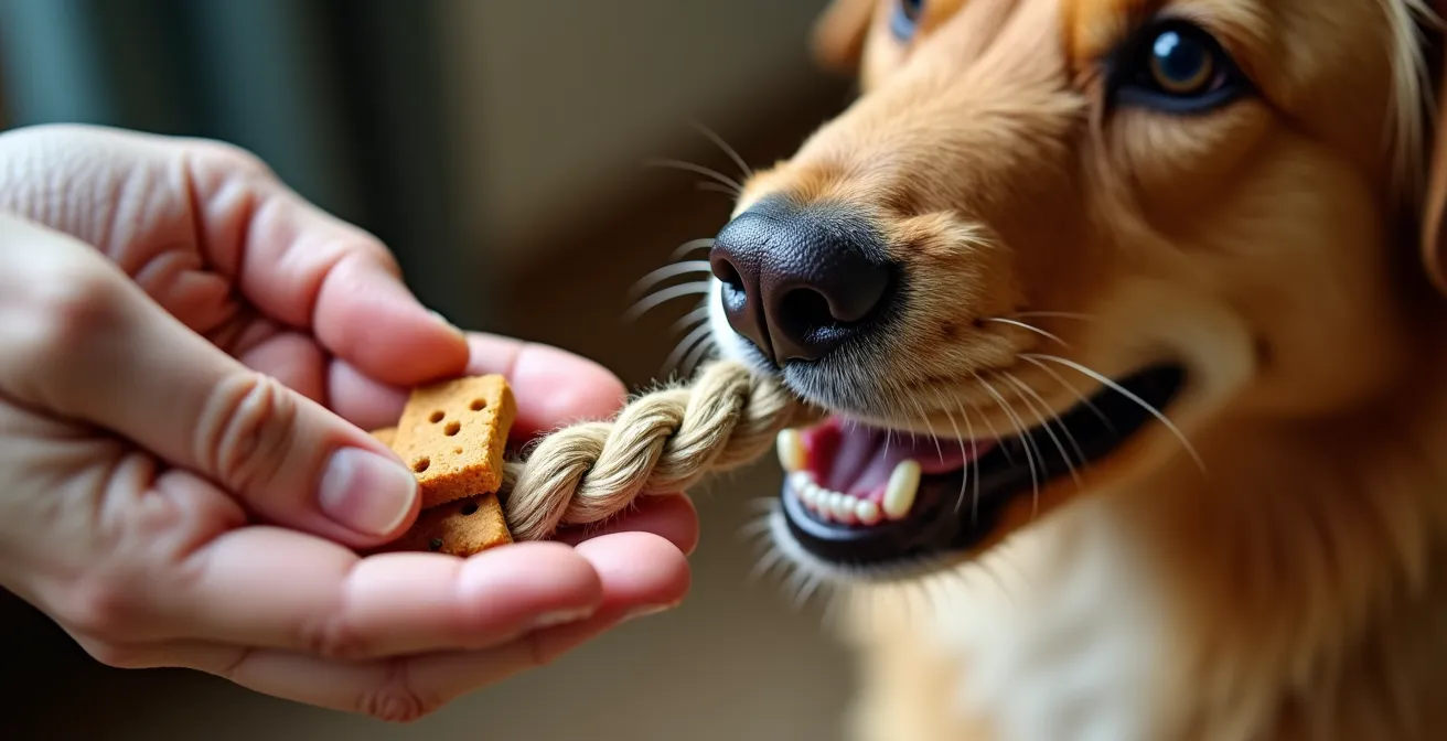 Close-up of hands offering treats while dog holds toy, showing positive exchange behavior