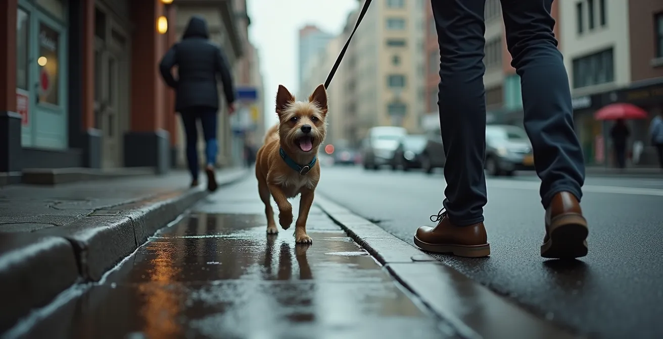 Wide shot of an urban environment showing a dog on a leash near puddles with apartment buildings in the background.