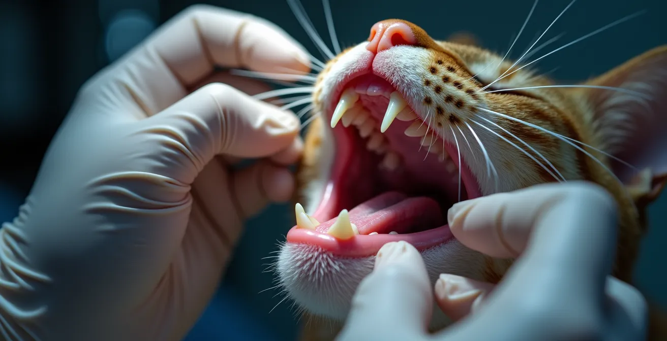 Extreme close-up of veterinarian examining cat's teeth showing dental health importance