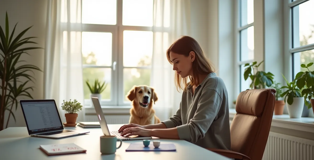 Split screen showing pet owner conducting video interview with potential adopter