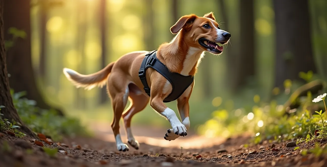 Side view of dog wearing Y-shaped harness showing unrestricted shoulder movement
