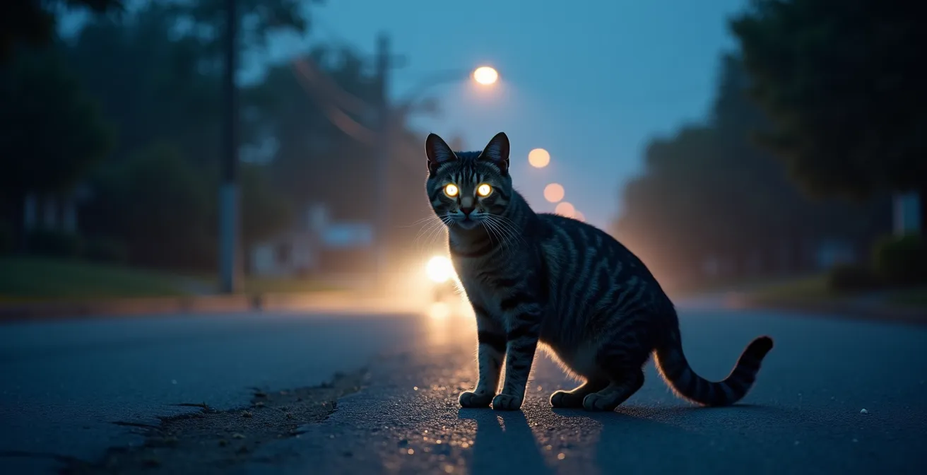 Cat barely visible in twilight blue light with car headlights approaching