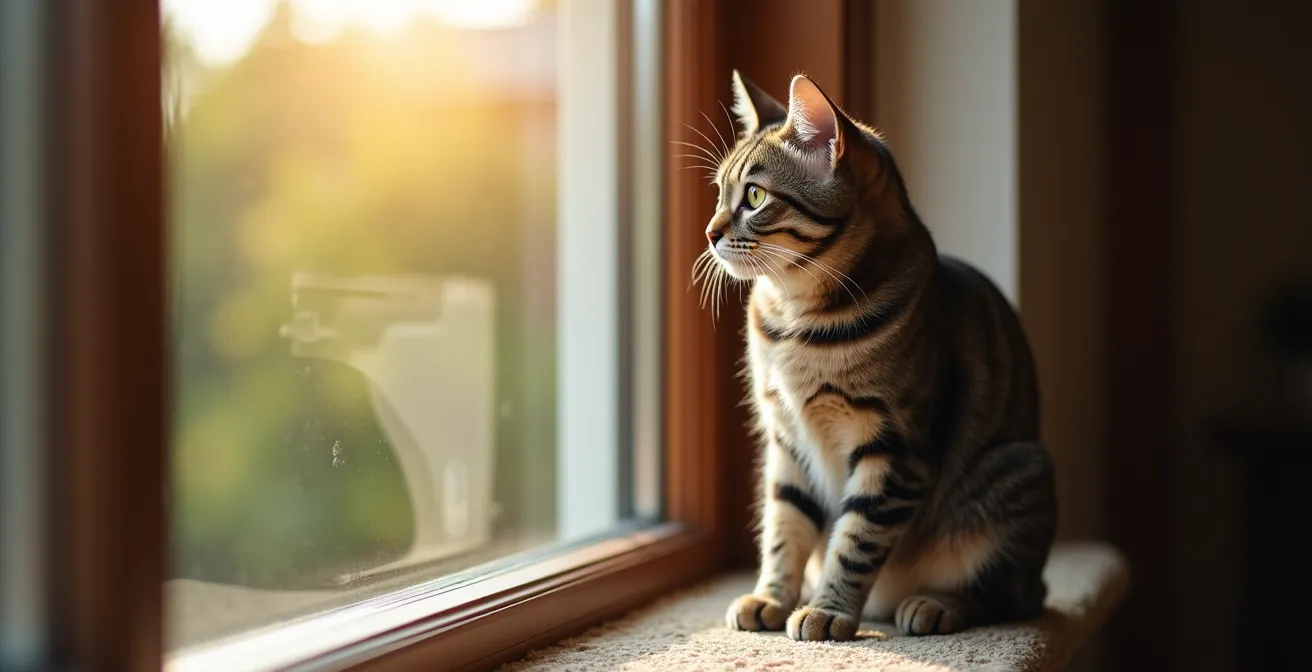 Cat perched on window shelf observing birds during golden hour lighting