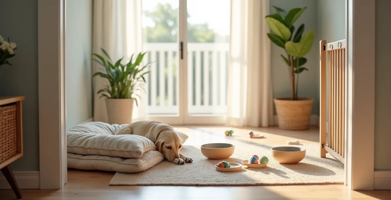 Comfortable recovery space for post-surgery pet with soft bedding and enrichment
