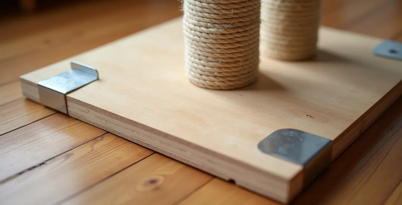 Close-up of stabilized cat tree base with plywood extension and weights