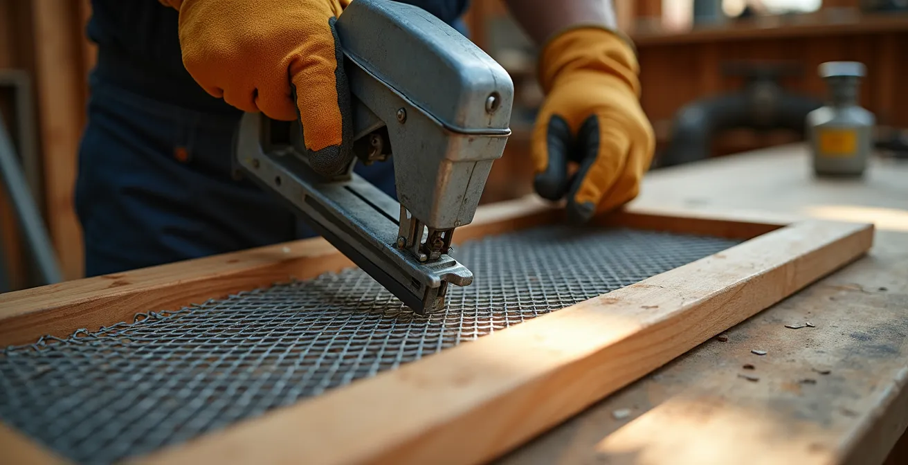 Close-up view of hands assembling wooden window catio frame with wire mesh