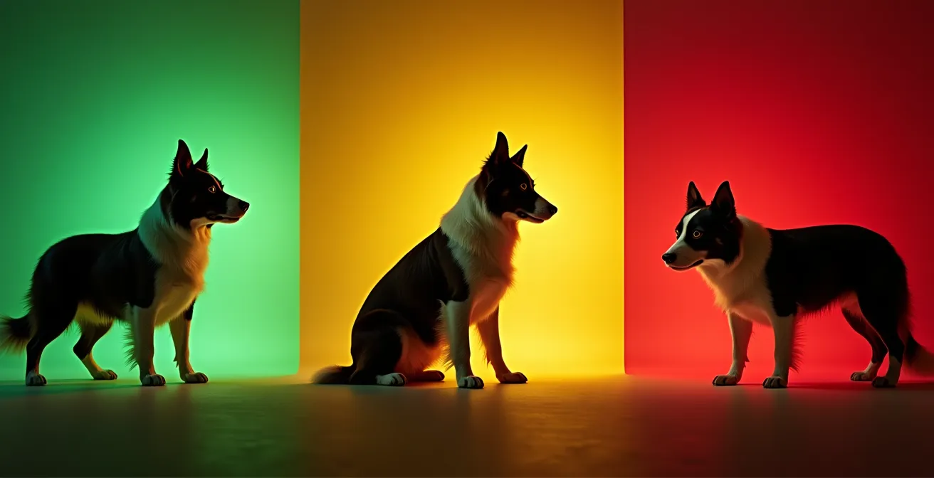 Three-stage visual representation of a dog's arousal states from calm to fixated