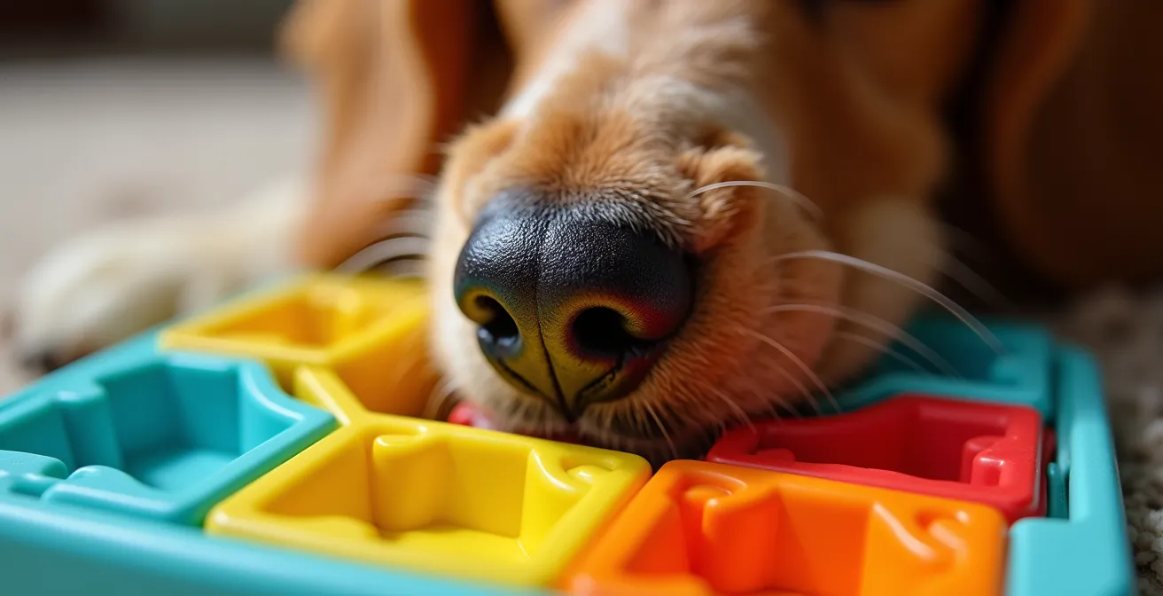 Dog engaging with puzzle feeder toy while resting during post-surgery recovery