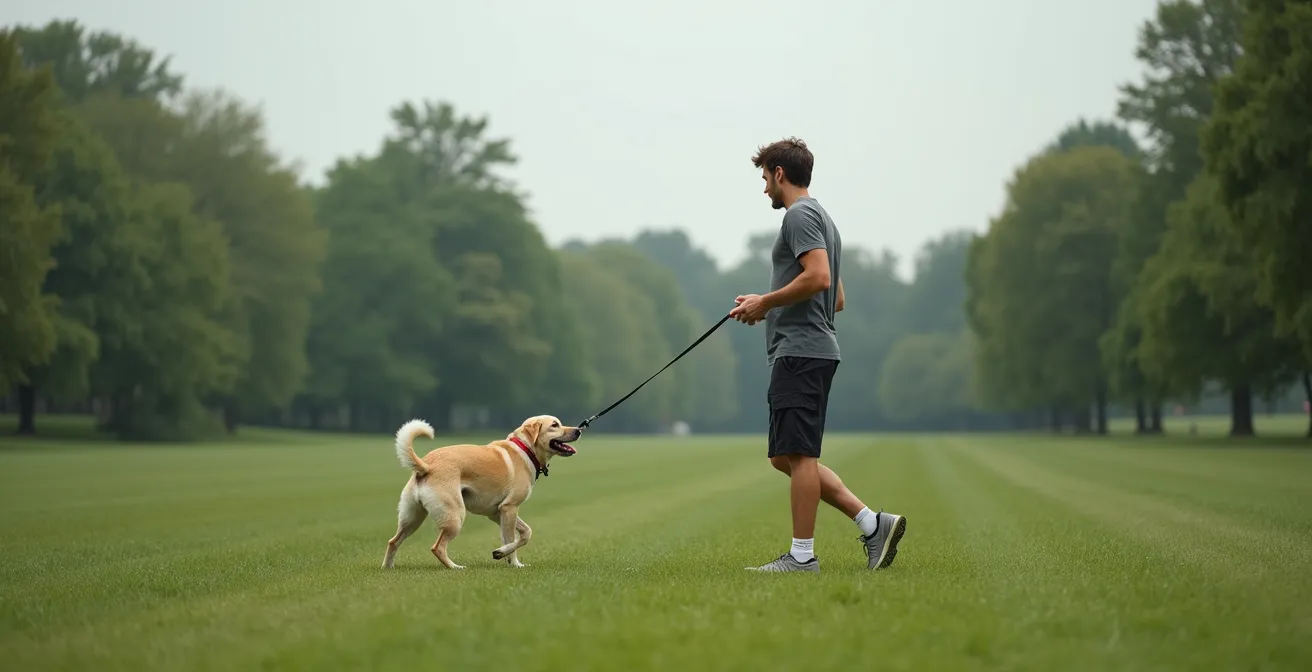 Wide shot of person gracefully handling a long leash while their dog explores in a park
