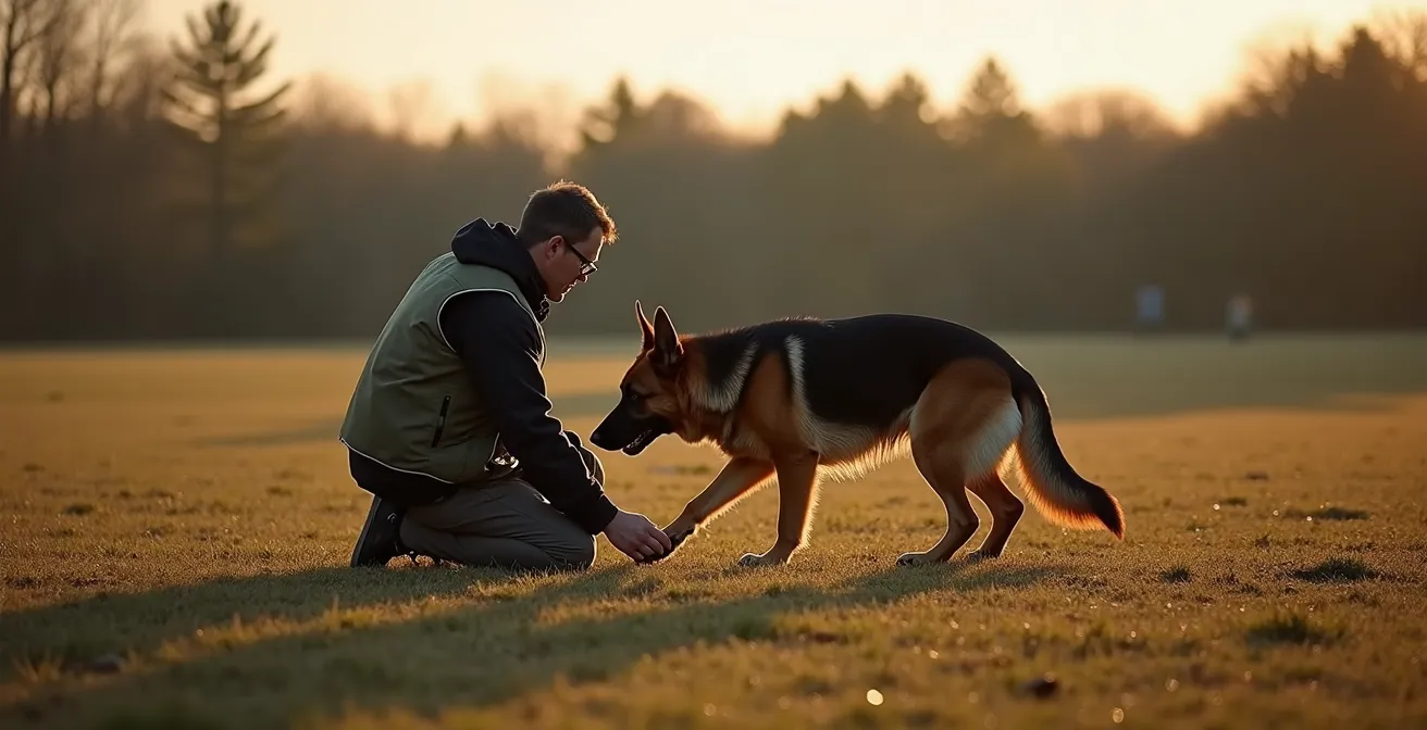 Wide shot of a handler kneeling beside their dog who is nose-down at a hidden scent location in an outdoor training area