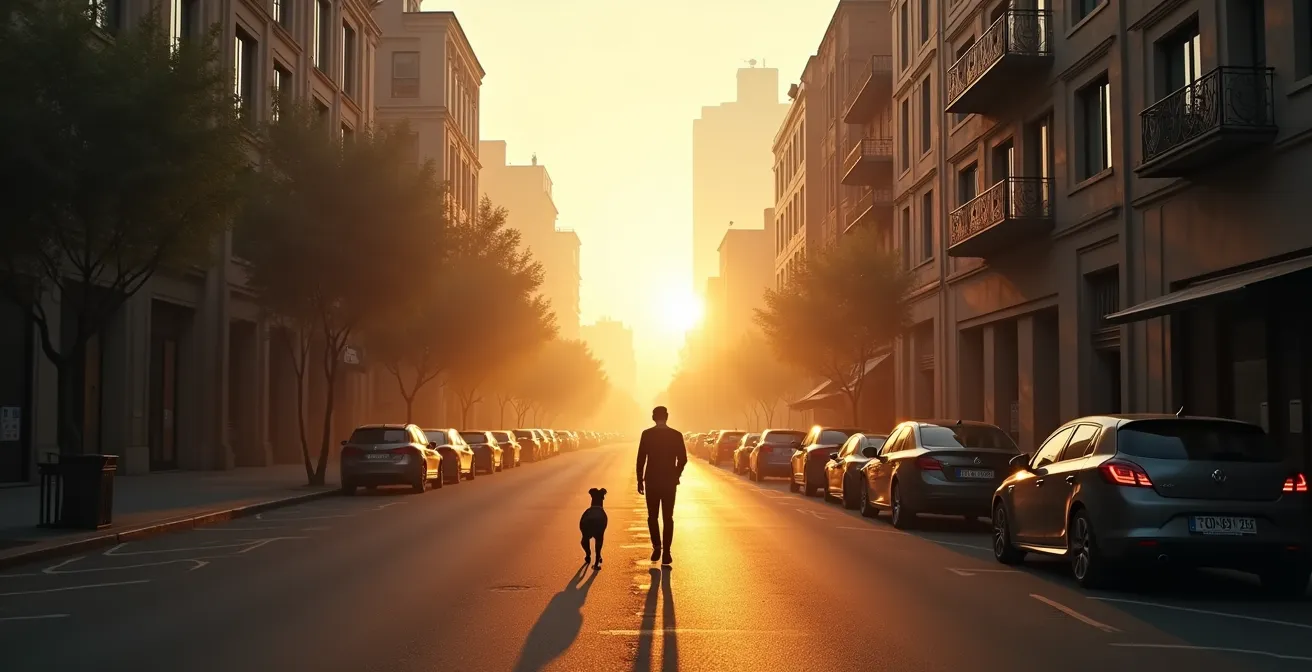 Peaceful early morning urban scene with single dog walker on empty sidewalk
