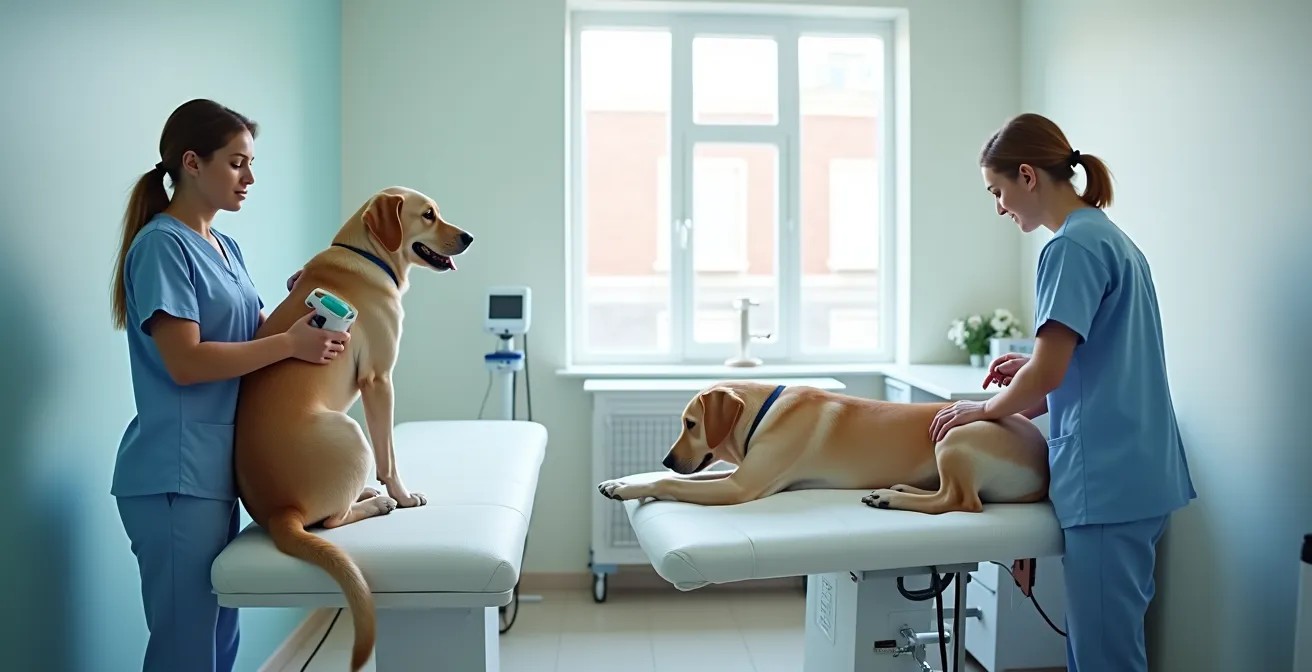 Split view showing laser therapy and acupuncture treatment for dog with hip dysplasia