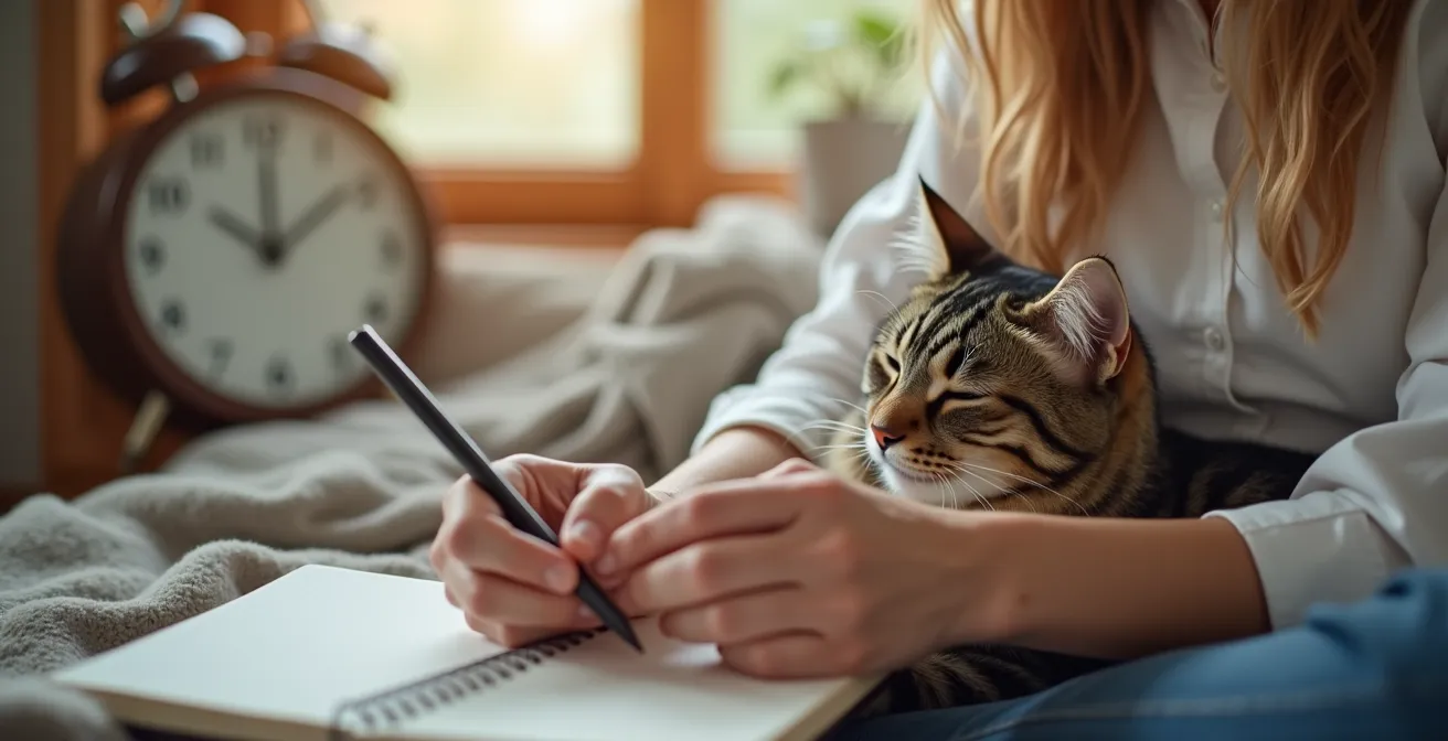 Owner recording pet's pain levels and activity in a diary with clock showing medication timing