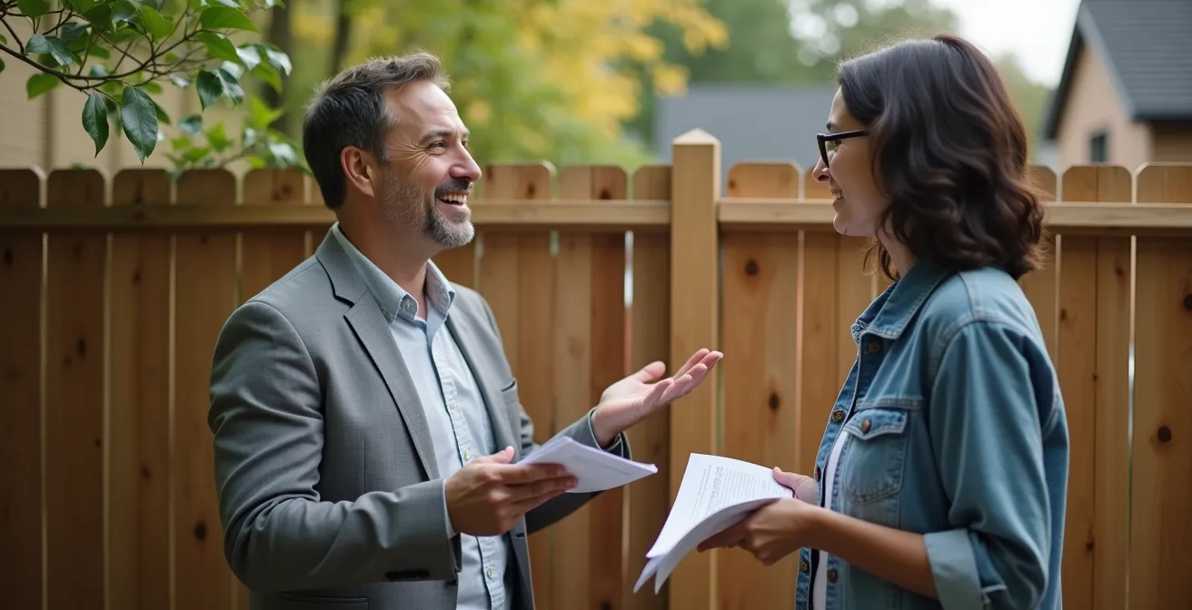 Two neighbors having a calm discussion over a fence with documents in hand