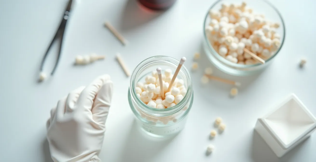 Close-up macro shot of essential oil preparation setup with cotton swabs, glass jars, and gloves arranged on a clean surface