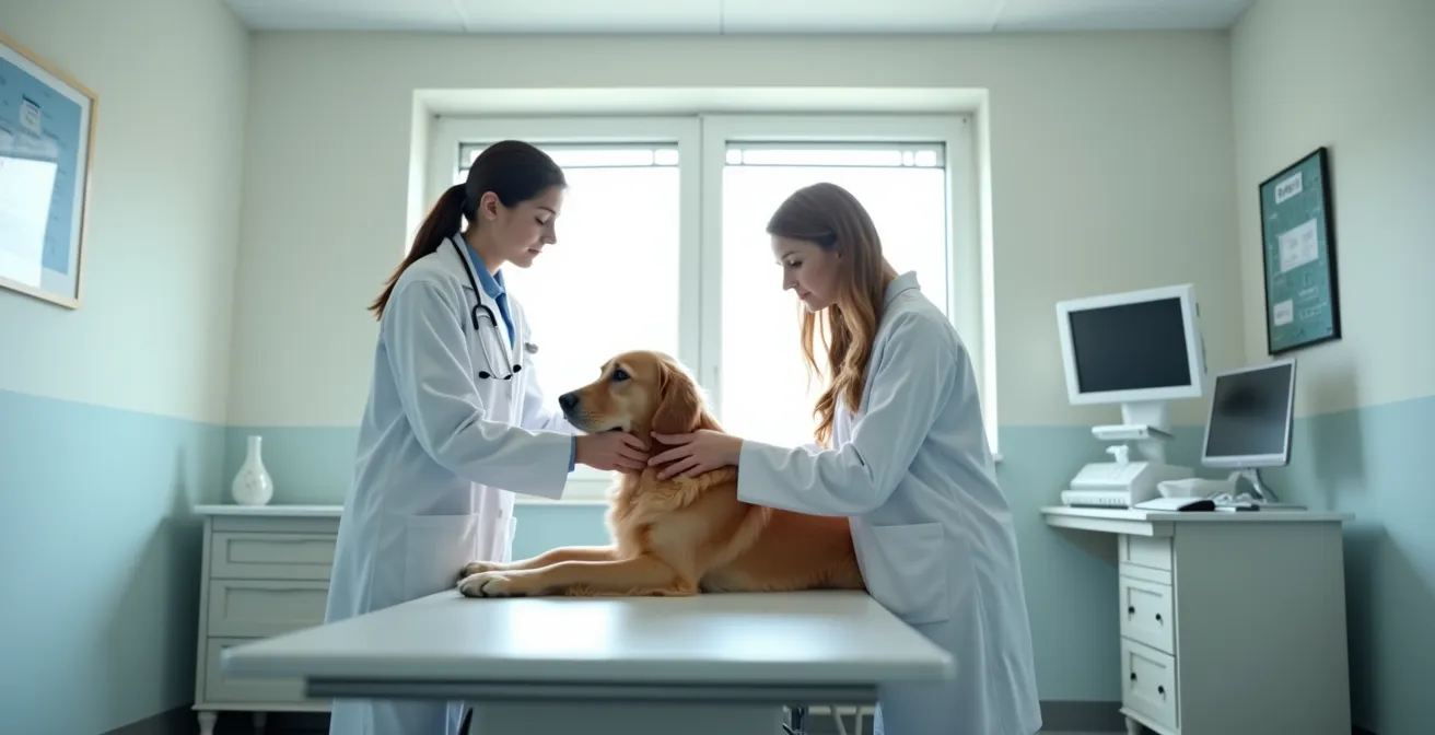 Veterinarian examining a dog's neurological responses in a clinical setting