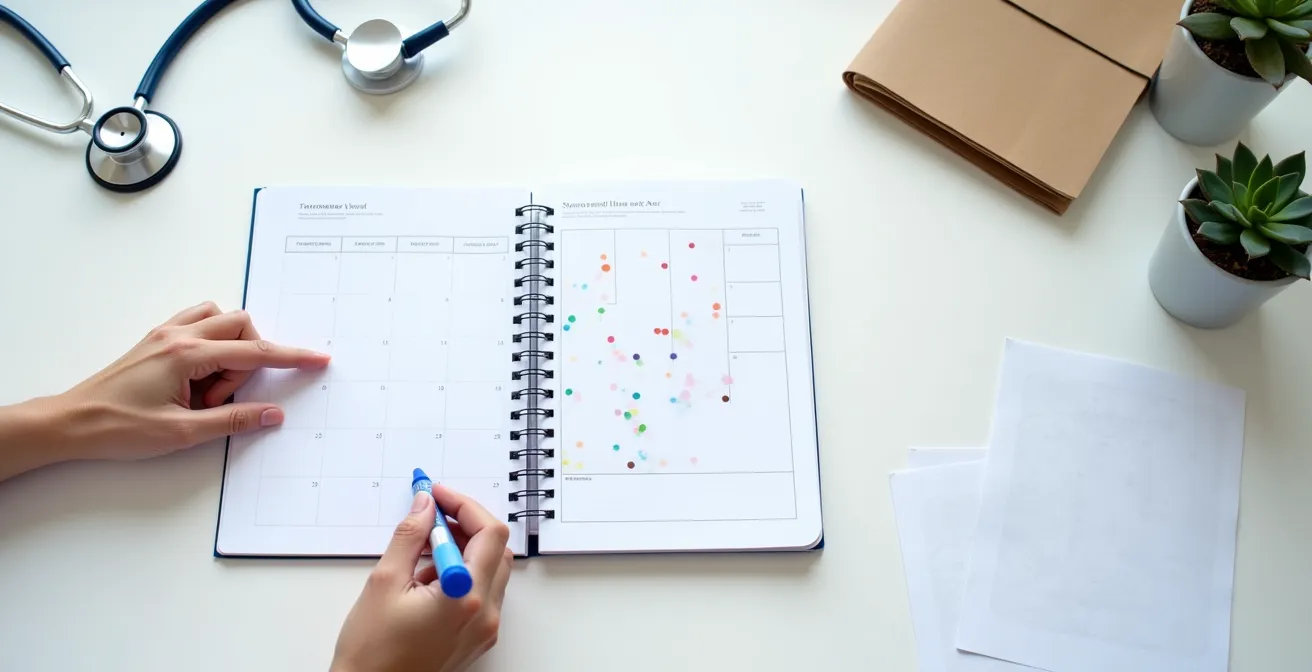 Close-up of hands marking dates on a calendar with a stethoscope nearby