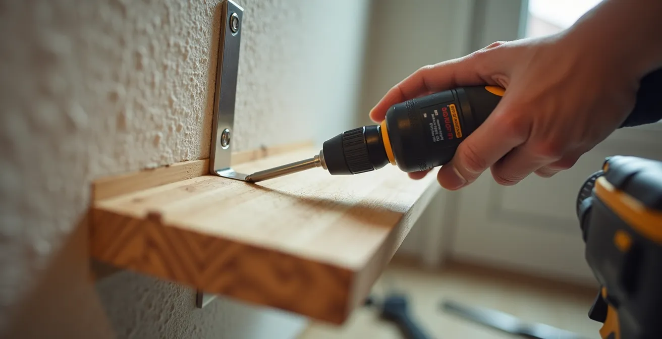 Close-up of hands using stud finder and installing toggle bolt for cat shelf